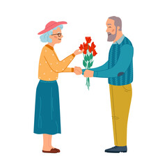 Man give flowers to woman, elderly couple in love isolated flat cartoon characters. Vector mature couple in love, dating grandmother and grandfather. Romantic relationships of aged people