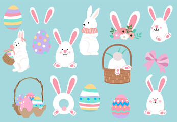 Obraz premium Collection of easter object set with rabbit,egg,flower.Editable vector illustration for website, invitation,postcard and sticker