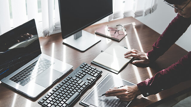 Programmer working in a software development and coding technologies. Website design. Technology concept.