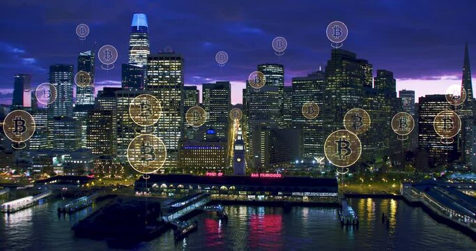 Animation of cryptocurrency over buildings in the financial district. Aerial view of city skyline with bitcoin logos. Augmented reality over San Francisco. United states.