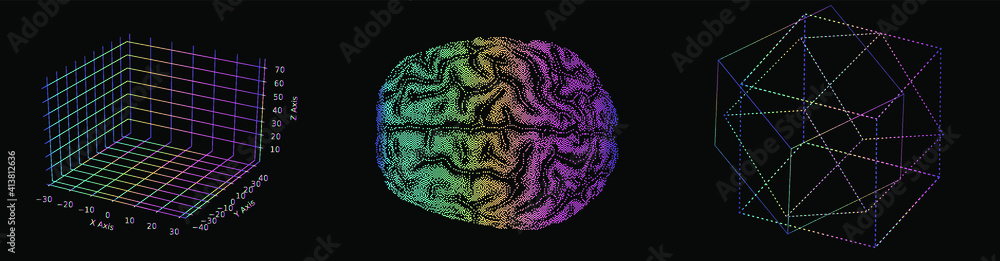 Aufkleber 3D vector illustration of brain made of pixels and particles. Concept of neural network, neurology and neuroscience.