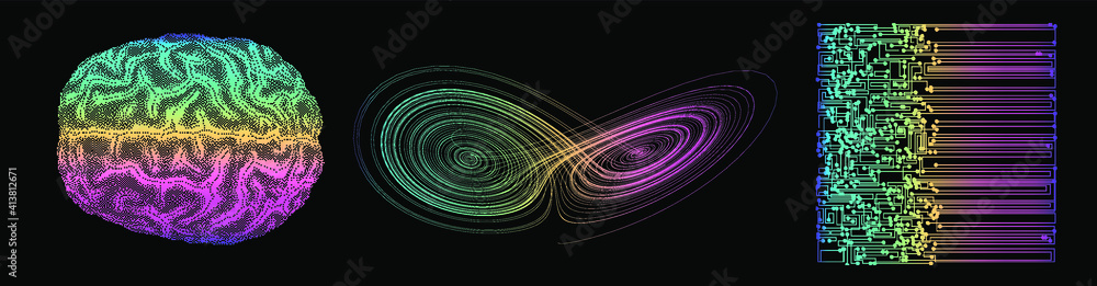 Aufkleber 3D vector illustration of brain made of pixels and particles. Concept of neural network, neurology and neuroscience.