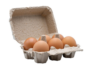 six eggs in egg carton side view isolated on white background with clipping path,high resolution files