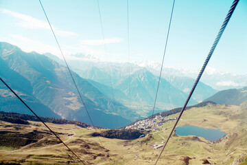 High angle view of cables over mountain range against sky