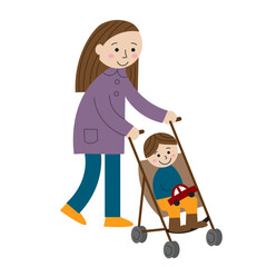 A mother walking with her son in a stroller 