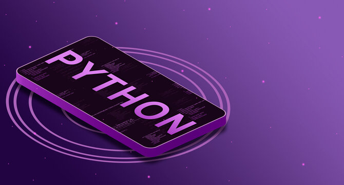 Python programming language on the phone screen with code elements, digital language 3d