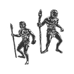 Two cavemans, Neanderthal men with spears. Vector