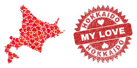Vector collage Hokkaido map of love heart items and grunge My Love badge. Collage geographic Hokkaido map designed with love hearts. Red rosette imprint with grunge rubber texture and my love word.