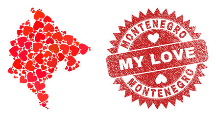 Vector mosaic Montenegro map of love heart items and grunge My Love stamp. Mosaic geographic Montenegro map constructed with valentine hearts.