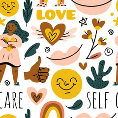 Cute hand drawn seamless pattern. Positive black woman, doodle funny elements. Love, self care, positive, happiness concept. Happy texture for print, textile, wrapping paper. Vector stock Eps pattern