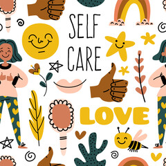 Cute pastel hand drawn seamless pattern. Positive woman, doodle funny elements. Love, self care, positive, happiness concept. Happy texture for print, textile, wrapping paper. Vector stock Eps pattern