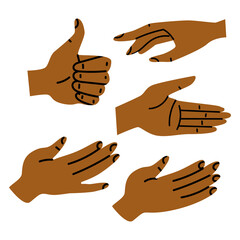 Black, brown human hands in different gestures. Isolated hand drawn stock illustration on white background. Female or male black hands showing different signs collection. African, indian arms design