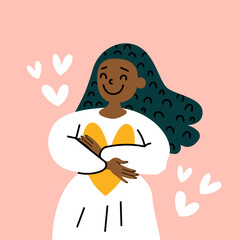 Positive black woman hugs yourself and a heart with care. Vector Eps stock hand drawn illustration. Love yourself, happiness, self care, love your body, confidence concept. Card: self support, believe
