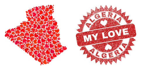 Vector mosaic Algeria map of love heart items and grunge My Love seal stamp. Mosaic geographic Algeria map designed using love hearts. Red rosette stamp with corroded rubber texture and my love tag.