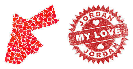 Vector collage Jordan map of lovely heart elements and grunge My Love seal. Collage geographic Jordan map designed with lovely hearts. Red rosette imprint with grunge rubber texture and my love word.