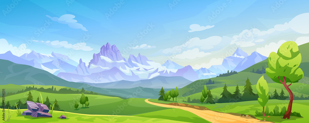 Wall mural mountain landscape with green hills, sandy road and natural valley. vector picturesque place backgro