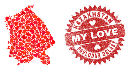 Vector collage Pavlodar Region map of valentine heart items and grunge My Love seal. Collage geographic Pavlodar Region map designed with love hearts.