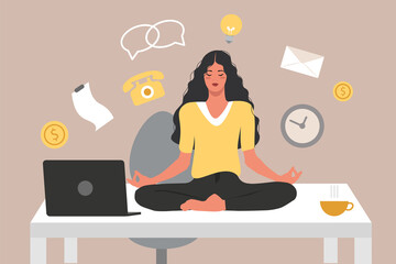 Girl meditating in the workplace, flat illustration