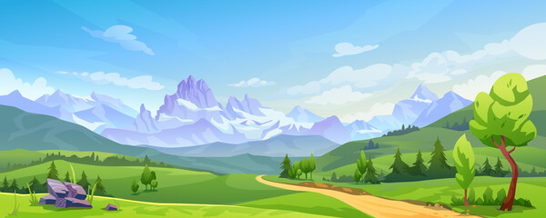 Berglandschap met groene heuvels, zandweg en natuurlijke vallei. Vector pittoreske plaats achtergrond, groene sparren en rotsen. Besneeuwde bergen, schilderachtige heuvels, lente- of zomernatuur, blauwe lucht