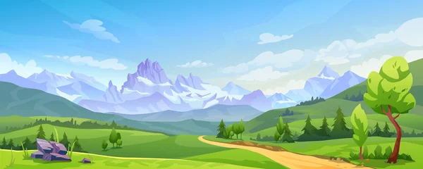 Fototapeten Berglandschaft mit grünen Hügeln, sandiger Straße und natürlichem Tal. Vector malerischen Platzhintergrund, grüne Tannen und Felsen. Verschneite Berge, malerische Hügel, Frühlings- oder Sommernatur, blauer Himmel © Sensvector