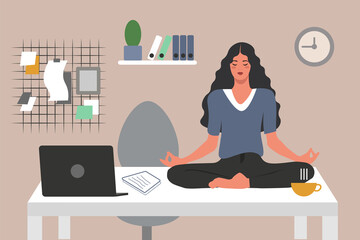 Girl meditating in the workplace, flat illustration