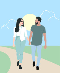 A man and a woman in love walk hand in hand, flat illustration