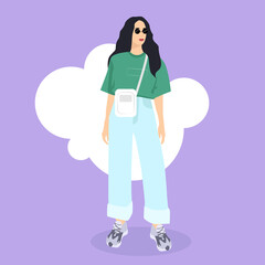 Fashionable girl in wide jeans, flat illustration