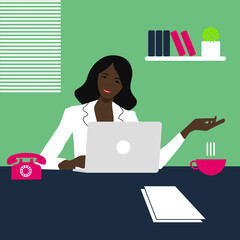 Girl sitting at a laptop in the workplace, flat illustration