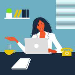 Girl sitting at a laptop in the workplace, flat illustration