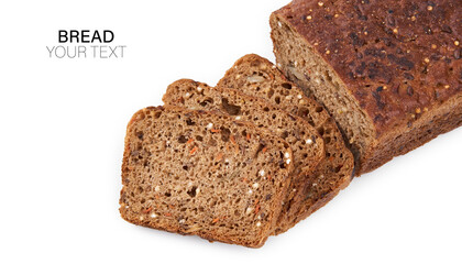 Loaf Of Whole Grain Bread. Detailed close-up of sliced grain bread on white background. Homemade healthy bread. Bakery - gold rustic crusty loaves of bread and buns. Flat lay. Food concept. 