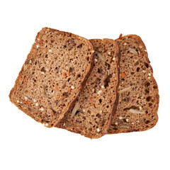 Loaf Of Whole Grain Bread. Detailed close-up of sliced grain bread on white background. Homemade healthy bread. Bakery - gold rustic crusty loaves of bread and buns. Flat lay. Food concept. 