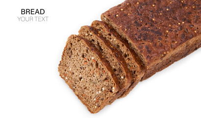 Loaf Of Whole Grain Bread. Detailed close-up of sliced grain bread on white background. Homemade healthy bread. Bakery - gold rustic crusty loaves of bread and buns. Flat lay. Food concept. 