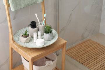 Holder with toothbrushes, different toiletries and plants on wooden rack in bathroom. Space for text