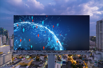 World planet Earth map hologram and social media icons on billboard over night panoramic city view of Bangkok, Southeast Asia. Networking and establishing new connections between people. Globe