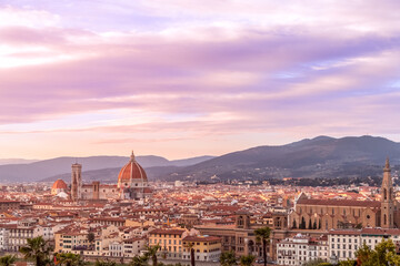 Fototapeta na wymiar Stunning sunset over Florence's historic center and famous cathedral (Duomo Santa Maria Del Fiore) Tuscany, Italy
