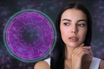 Beautiful young woman and illustration of zodiac wheel with astrological signs on dark background