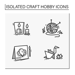 Craft hobby set hand drawn icons. Handmade and homemade concept. Consist of origami, knitting, handmade candles, Isolated sketch vector illustrations