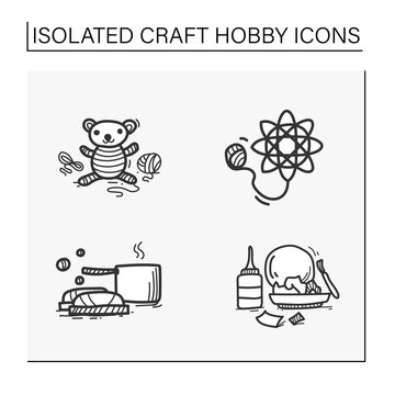 Craft hobby set hand drawn icons. Handmade and homemade concept. Consist of amigurumi, tatting, papier-mache, soapmaking, Isolated sketch vector illustration