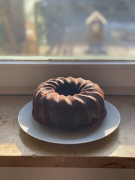 chocolate cake on windowsill