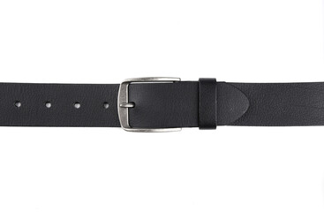 Fastened fashionable men's leather belt with dark matted metal buckle isolated on white background. Black belt for men. Black leather belt for trousers and jeans. Male accessory.