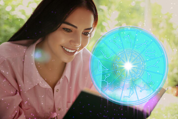 Young woman reading book outdoors and illustration of zodiac wheel with astrological signs
