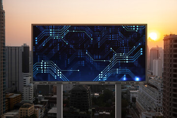 Glowing hologram of technological process on billboard, aerial panoramic cityscape of Bangkok at...