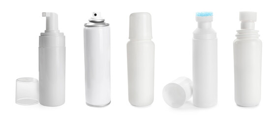 Set with bottles of shoe care products on white background, banner design