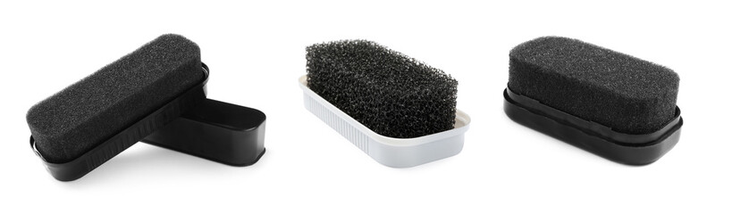 Sey with shoe sponges on white background, banner design. Footwear shine item