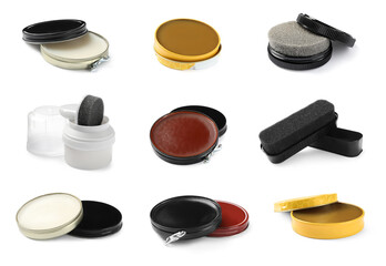 Set of different shoe care products on white background