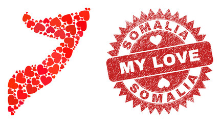 Vector mosaic Somalia map of love heart items and grunge My Love stamp. Mosaic geographic Somalia map created with lovely hearts. Red rosette stamp with distress rubber texture and my love word.
