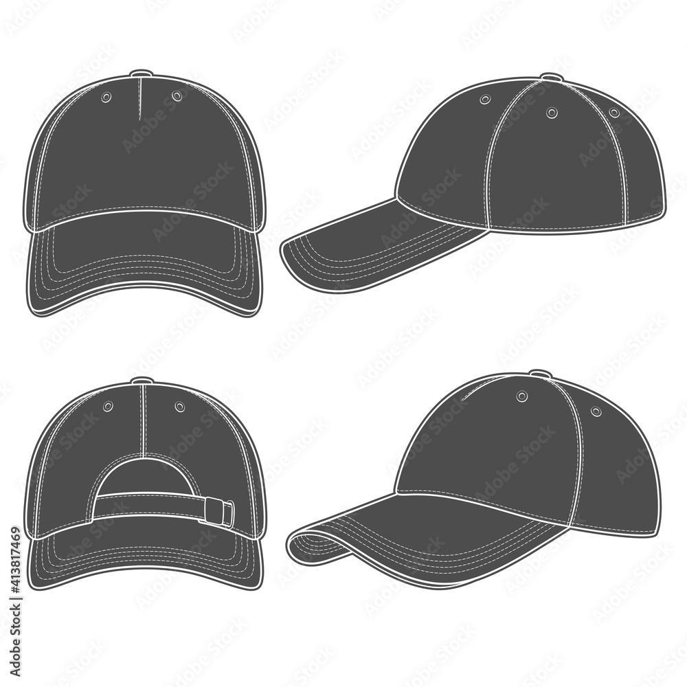 Poster set of black and white illustrations with a baseball cap. isolated vector objects on white backgroun