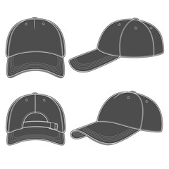 Set of black and white illustrations with a baseball cap. Isolated vector objects on white background.
