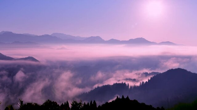 絶景早朝の国見ケ丘から見る雲海と朝日【宮崎県高千穂町】
