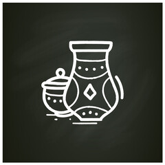 Pottery chalk icon. Unique pitchers. Folk concept. Special ornament on jars. Beautiful painting pottery. Oldest and most widespread of the decorative arts. Isolated vector illustration on chalkboard